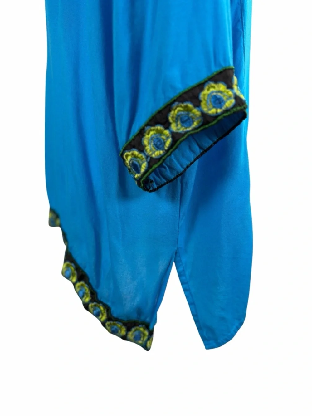 Anji Blue Embroidered Boho Top | Lightweight Flowy Tunic Chic Statement Blouse S
